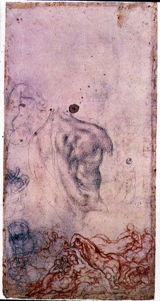 Studie k portrétu Cosima I. Giovinetta s dalšími studiemi svíjejících se těl (černá a červená křída na papíře) od Jacopo Pontormo