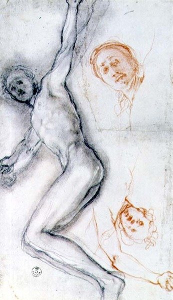 Studium Krista přibitého na kříž, hlava dvakrát nacvičená (černá a červená křída) od Jacopo Pontormo