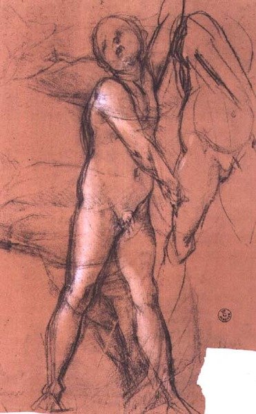 Studie anděla držícího závěs pro „Svatou rodinu se svatými“ (oltář Pucci), kolem 1518 (uhlí) od Jacopo Pontormo