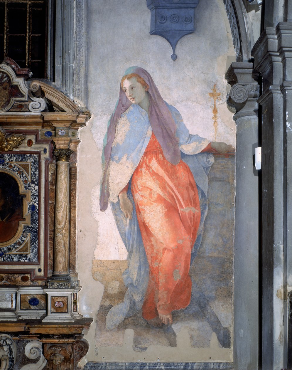 Zvěstování, detail Panny Marie, kolem 1527 (freska) od Jacopo Pontormo