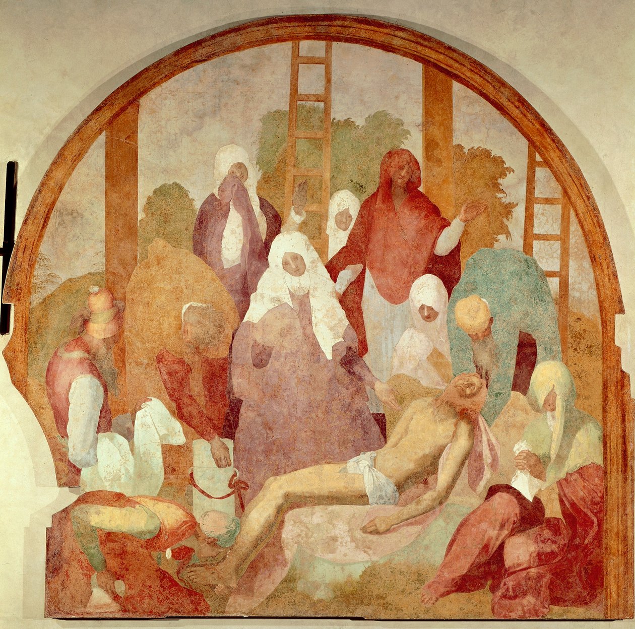 Depozice, detail z Freskového cyklu vášně od Giacoma Carucciho, známého jako Pontormo (1494-1556), freska, 300x290 cm Certosa di Galluzzo, Florencie od Jacopo Pontormo