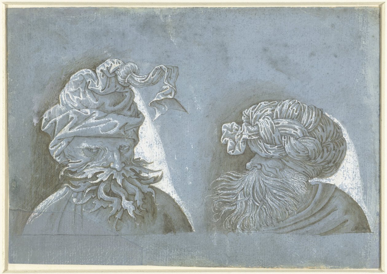 Dvě hlavy mužů s pokrývkou hlavy Hlavy mužů s mimozemskou pokrývkou hlavy (název série) od Jacopo Ripanda (attributed to)