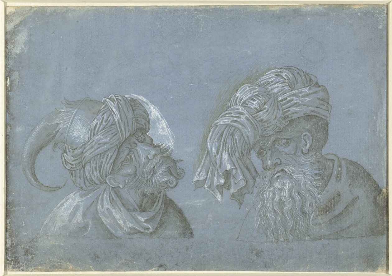 Dvě hlavy mužů s pokrývkou hlavy Hlavy mužů s mimozemskou pokrývkou hlavy (název série) od Jacopo Ripanda (attributed to)