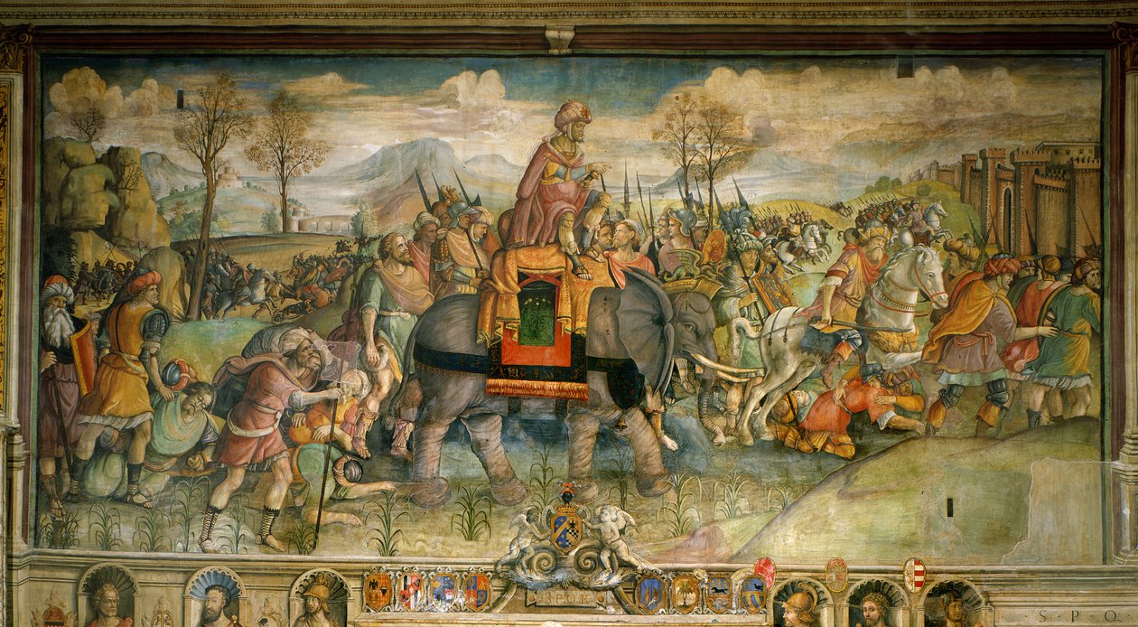 Freska zobrazující Hannibala při příjezdu do Itálie. Autor: Jacopo Ripanda. Konec 16. století. Palazzo des Conservatori, Řím – Hannibal překračující Alpy, 218 př. n. l., Jacopo Ripanda (aktivní cca 1500-1516), cca 1510, freska z paláce konzervatoří, Řím, d od Jacopo Ripanda