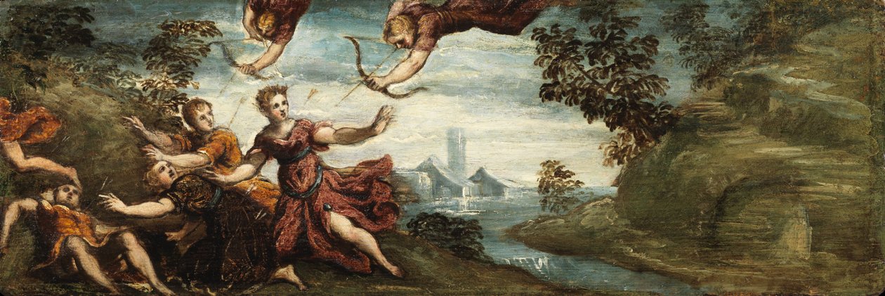Apollo a Artemis zabíjející děti Niobe, kolem 1545-48 (olej na panelu) od Jacopo Robusti (workshop of) Tintoretto