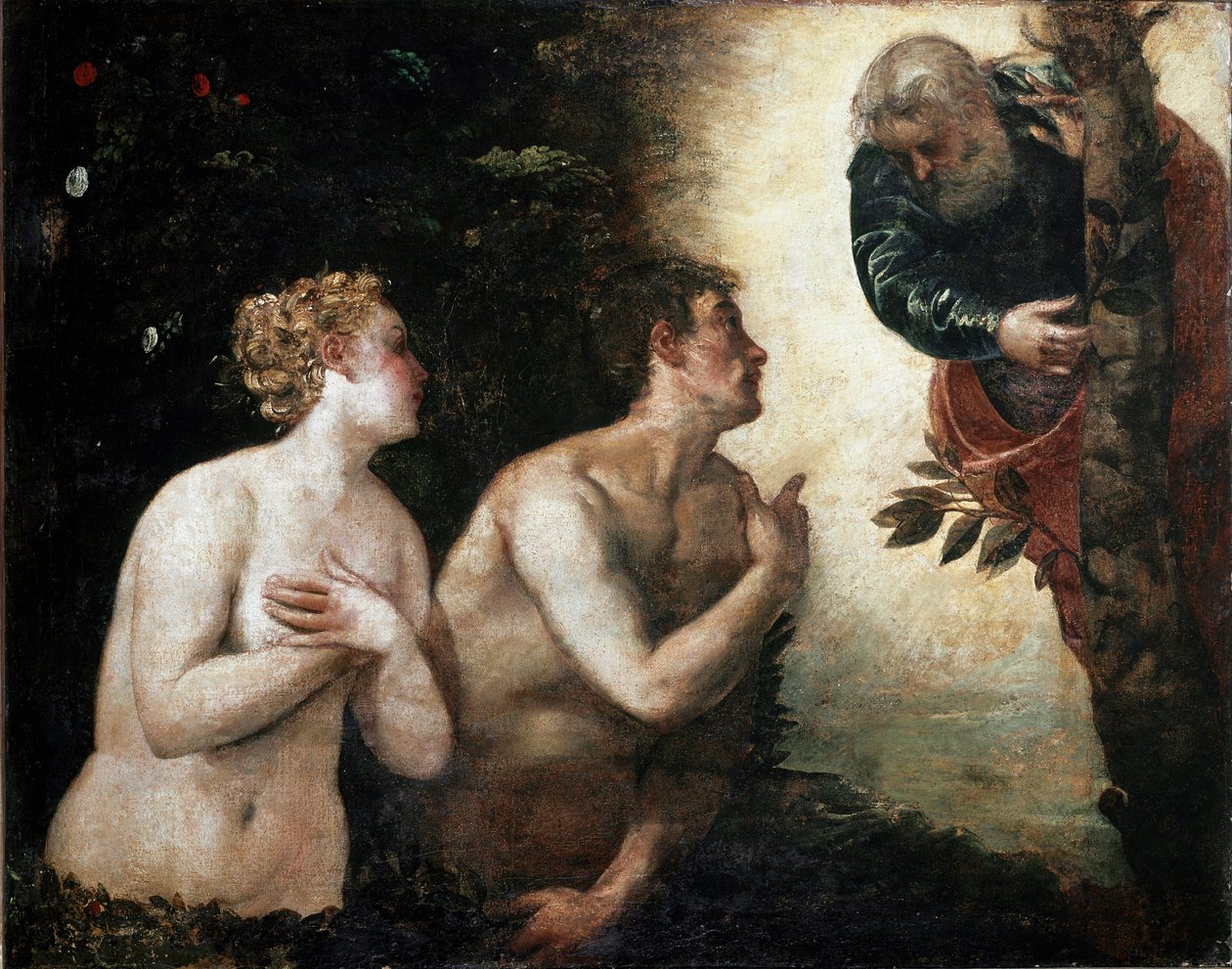 Adam a Eva čelí malbě Věčného otce od Jacopa Robustiho řekl Tintoret (Tintoretto) (1518-1594) 1550-1553 Slunce. 90x110 cm Florencie, Palazzo Pitti, Galleria Palatina od Jacopo Robusti Tintoretto