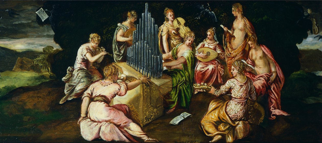 Soutěž mezi Múzami a Pieridem, Jacopo Robusti známý jako Tintoretto (1519-1594), olej na panelu, 46x91 cm od Jacopo Robusti Tintoretto