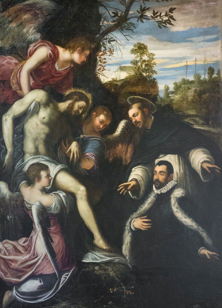 Mrtvý Kristus podpíraný třemi anděly, sv. Dominikem a donátorem od Jacopo Robusti Tintoretto