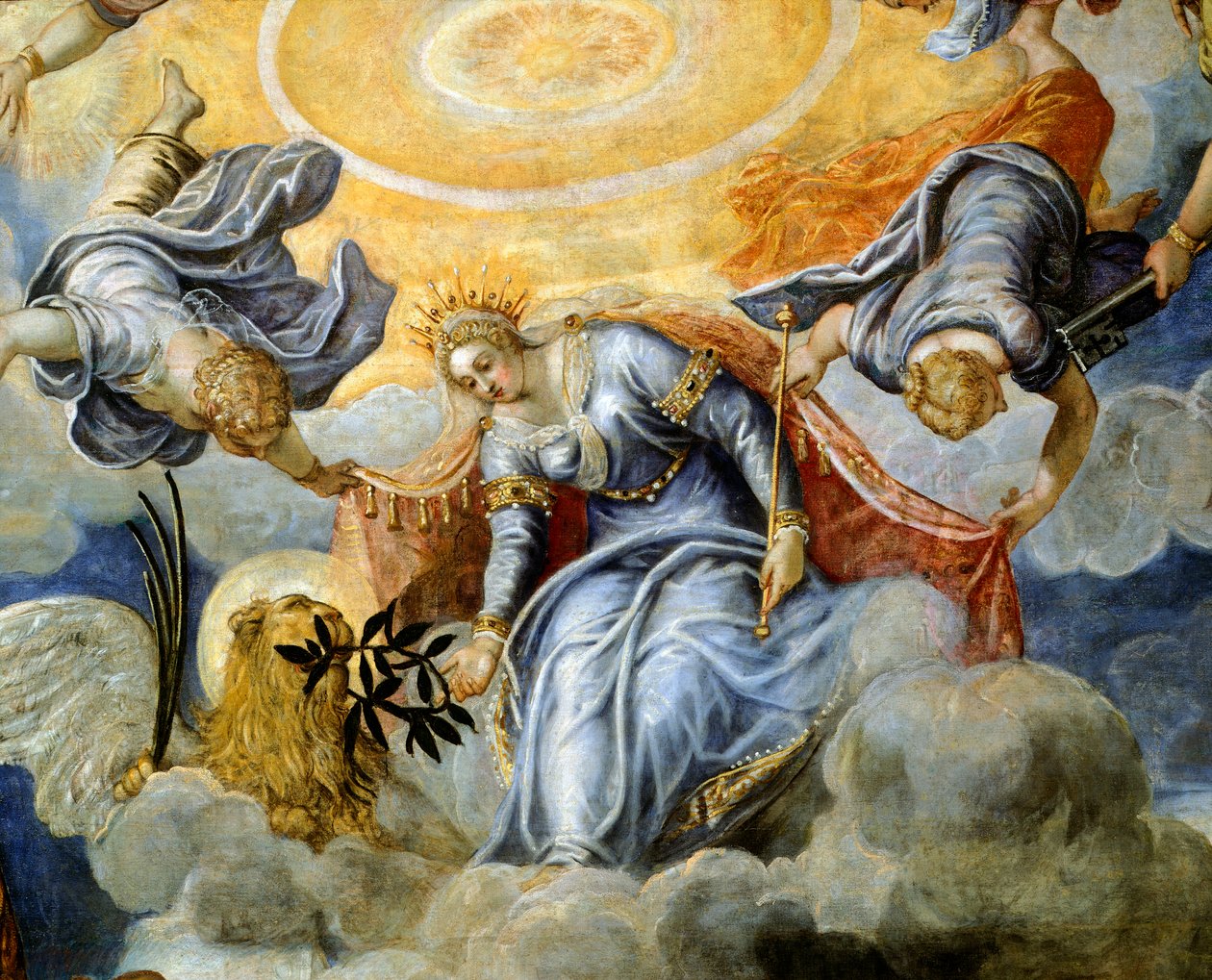 Dóže Niccolo da Ponte přijímající olivovou ratolest z Benátek, Jacopo Robusti známý jako Tintoretto (1518-1594), Detail, Sala del Maggior Consiglio (síň Velké rady), Palazzo Ducale, Benátky od Jacopo Robusti Tintoretto