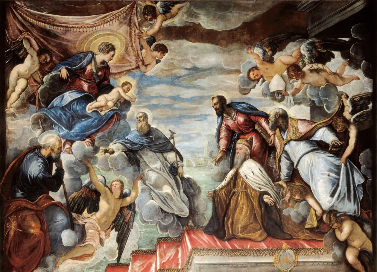 "Dóže Nicolo da Ponte klečí před Pannou" od Jacopo Robusti Tintoretto