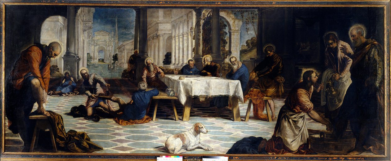 Ježíš Kristus myje nohy svým učedníkům. Obraz od Jacopa Robustiho detto Il Tintoretto (Tintoret od Jacopo Robusti Tintoretto