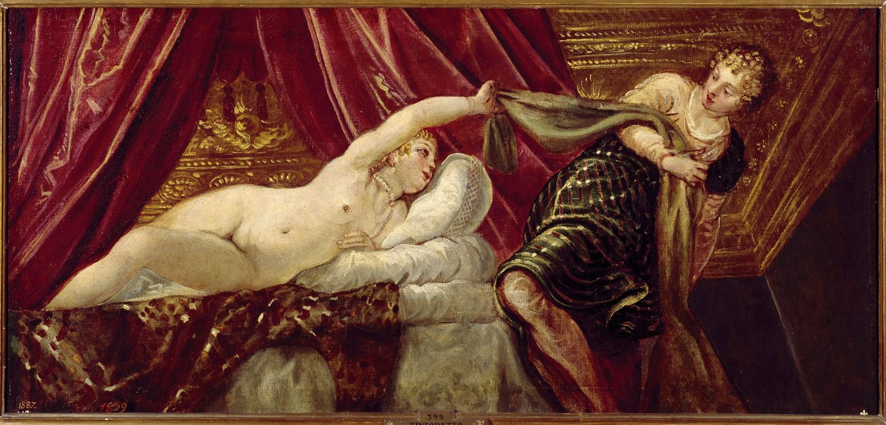 Joseph a manželka Putiphara (nebo Potiphara) Obraz Jacopo Robusti dit il Tintoretto (Tintoret) (1518-1594) 1555 cca. Slunce. 54x117 cm Madrid, muzeum Prado od Jacopo Robusti Tintoretto