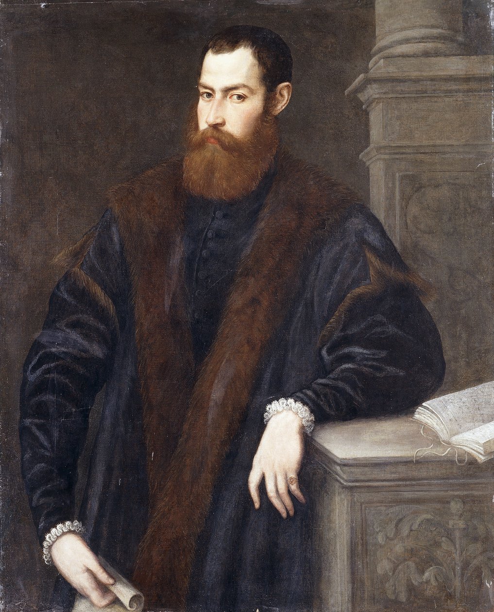 Portrét gentlemana, tříčtvrteční, v kožichu lemovaném kabátě, držícího dokument a opírajícího se o podstavec, od Jacopo Robusti Tintoretto