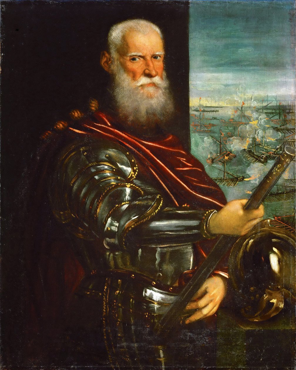 Sebastiano Venier (1496-1578), s bitvou u Lepanta v pozadí - Jacopo Tintoretto (1518-1594). Olej na plátně, po roce 1571. Rozměr: 104,5x83,5 cm. Uměleckohistorické muzeum, Vienne od Jacopo Robusti Tintoretto