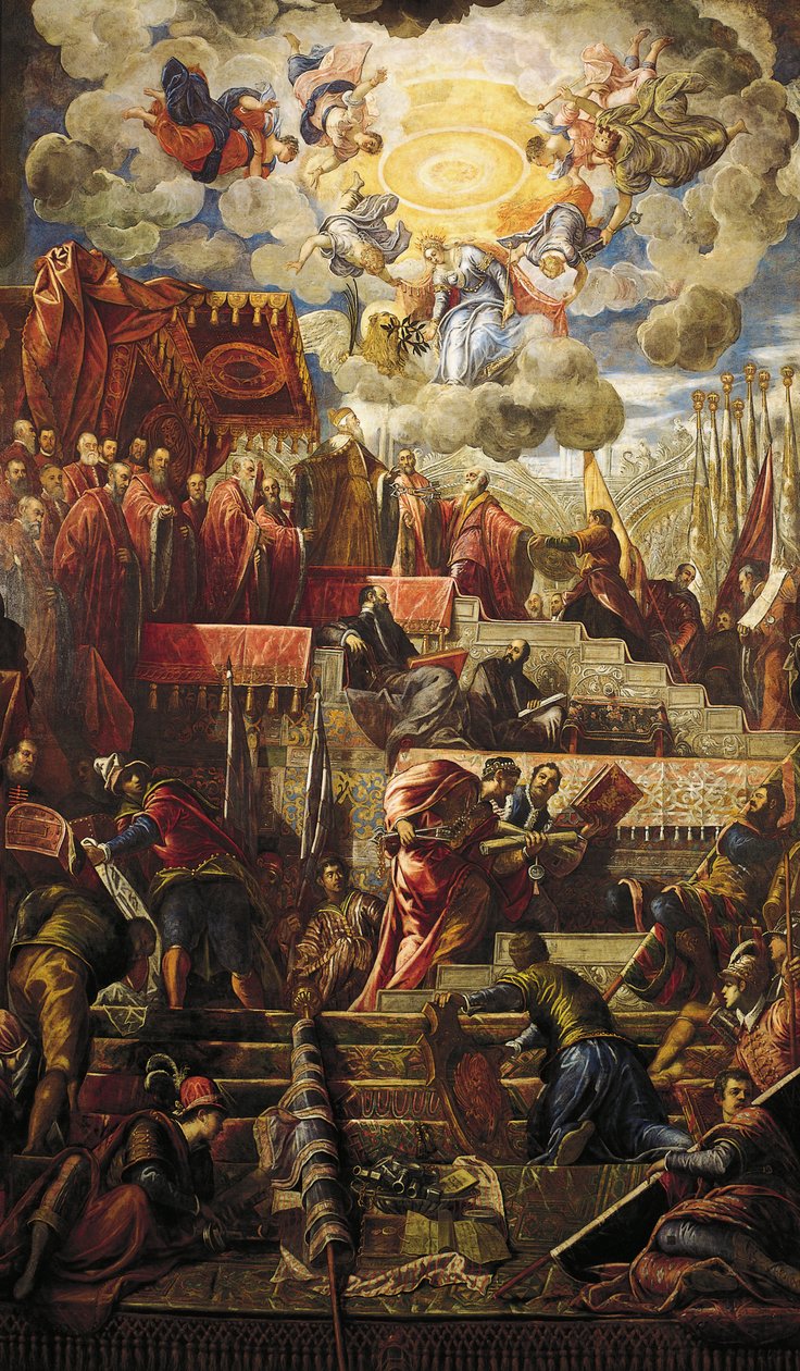 Dóže Niccolo da Ponte přijímá olivovou ratolest z Benátek, Jacopo Robusti známý jako Tintoretto (1518-1594), Detail, Sala del Maggior Consiglio (síň Velké rady), Palazzo Ducale, Benátky od Jacopo Robusti Tintoretto