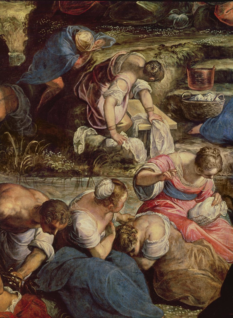 The Gathering of Manna, ústřední detail: šicí žena od Jacopo Robusti Tintoretto