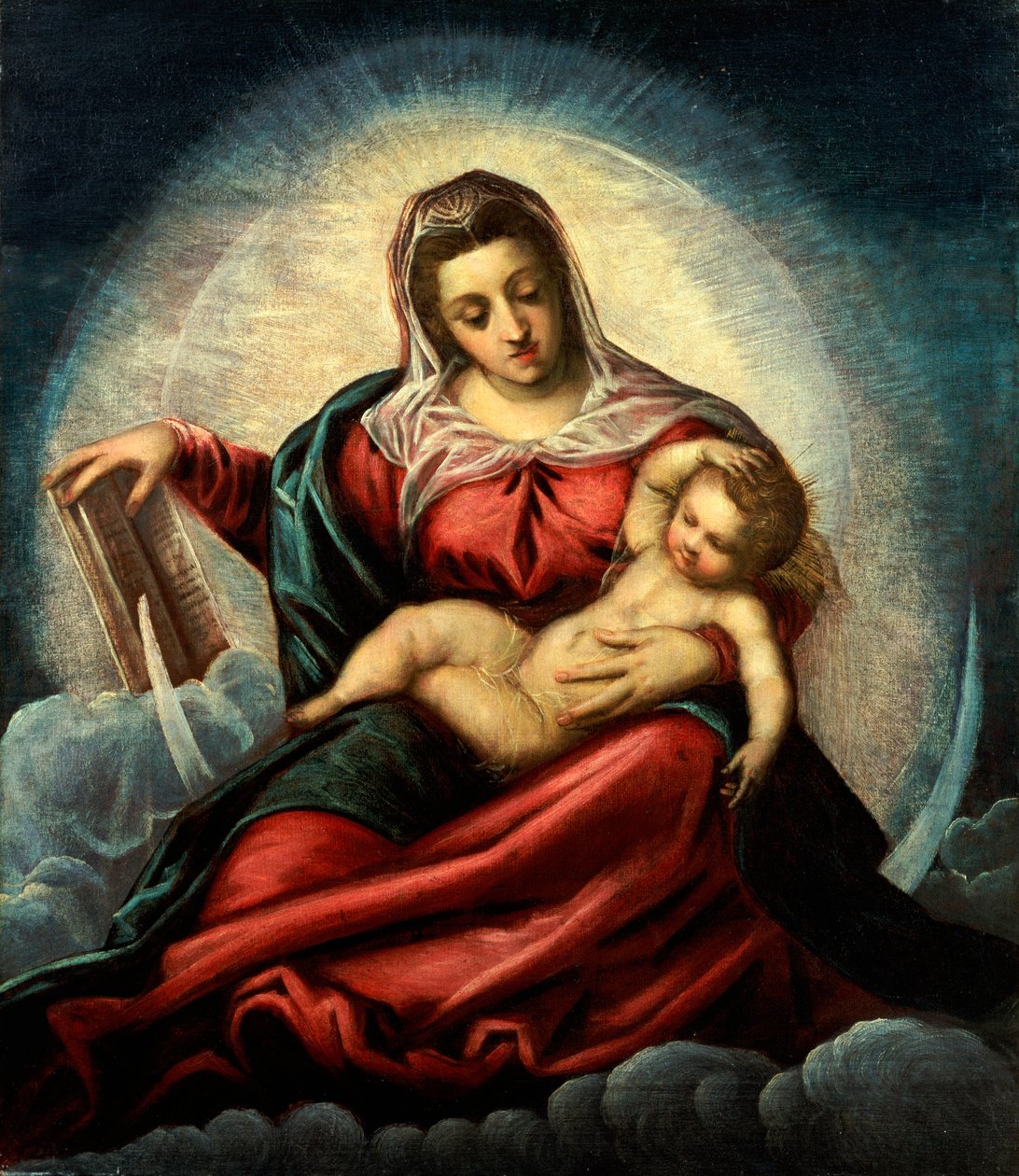 Madona s dítětem v mandorle na půlměsíci a oblacích s knihou moudrosti od Jacopo Robusti Tintoretto