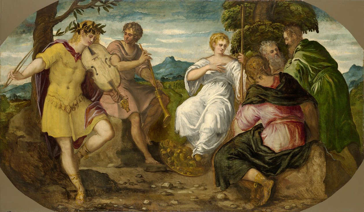 Hudební soutěž mezi Apollónem a Marsyasem, cca 1545. od Jacopo Robusti Tintoretto