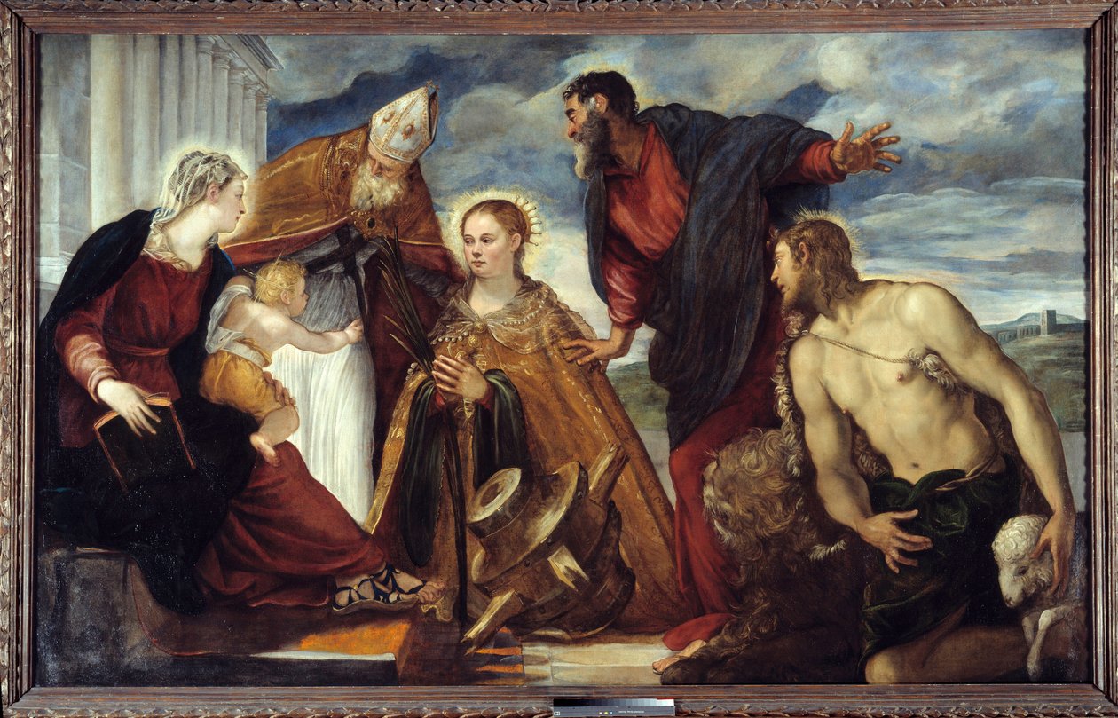 Panna a dítě se svatou Kateřinou, svatý Augustin, svatý Marek, svatý Jan Křtitel Obraz Jacopo Robusti dit Il Tontoretto (Tintoret) 1549 Ne. 1,93x3,14 m Lyon, Musee des Beaux Arts od Jacopo Robusti Tintoretto