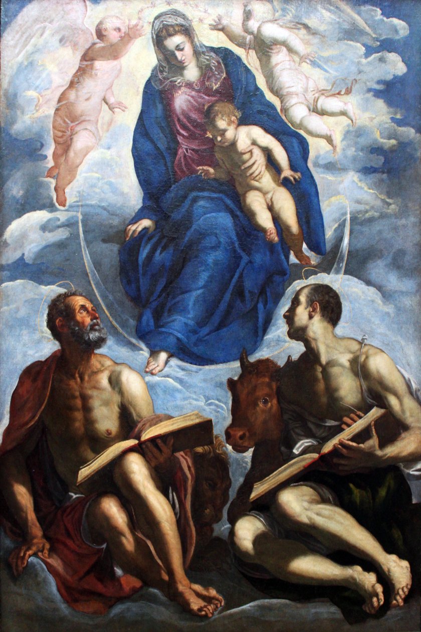 Marie s dítětem, zbožňovaná evangelisty Markem a Lukem od Jacopo Robusti Tintoretto