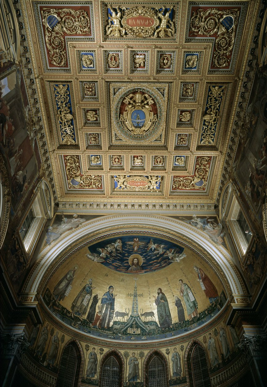 Vnitřní pohled na apsidu baziliky sv. Jana (San Giovanni in Laterano). Mozaika Jacopo Torriti (aktivní kolem 1291-14. století) a Jacopo da Camerino (aktivní kolem 1288-1331) představující Jeruzalém Celeste. Řím od Jacopo Torriti