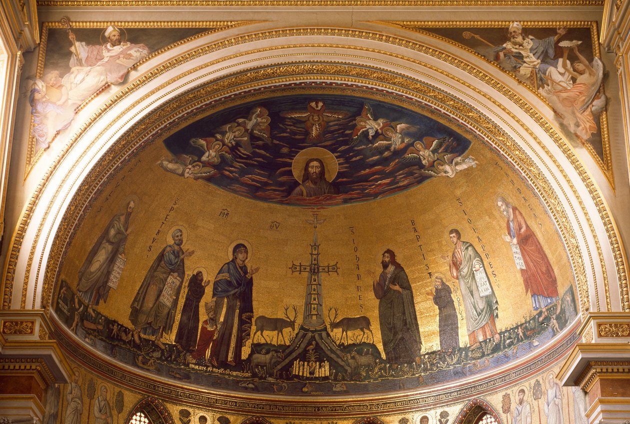 Vnitřní pohled na apsidu baziliky sv. Jana (San Giovanni in Laterano). Mozaika Jacopo Torriti (aktivní kolem 1291-14. století) a Jacopo da Camerino (aktivní kolem 1288-1331) představující Jeruzalém Celeste. Řím od Jacopo Torriti
