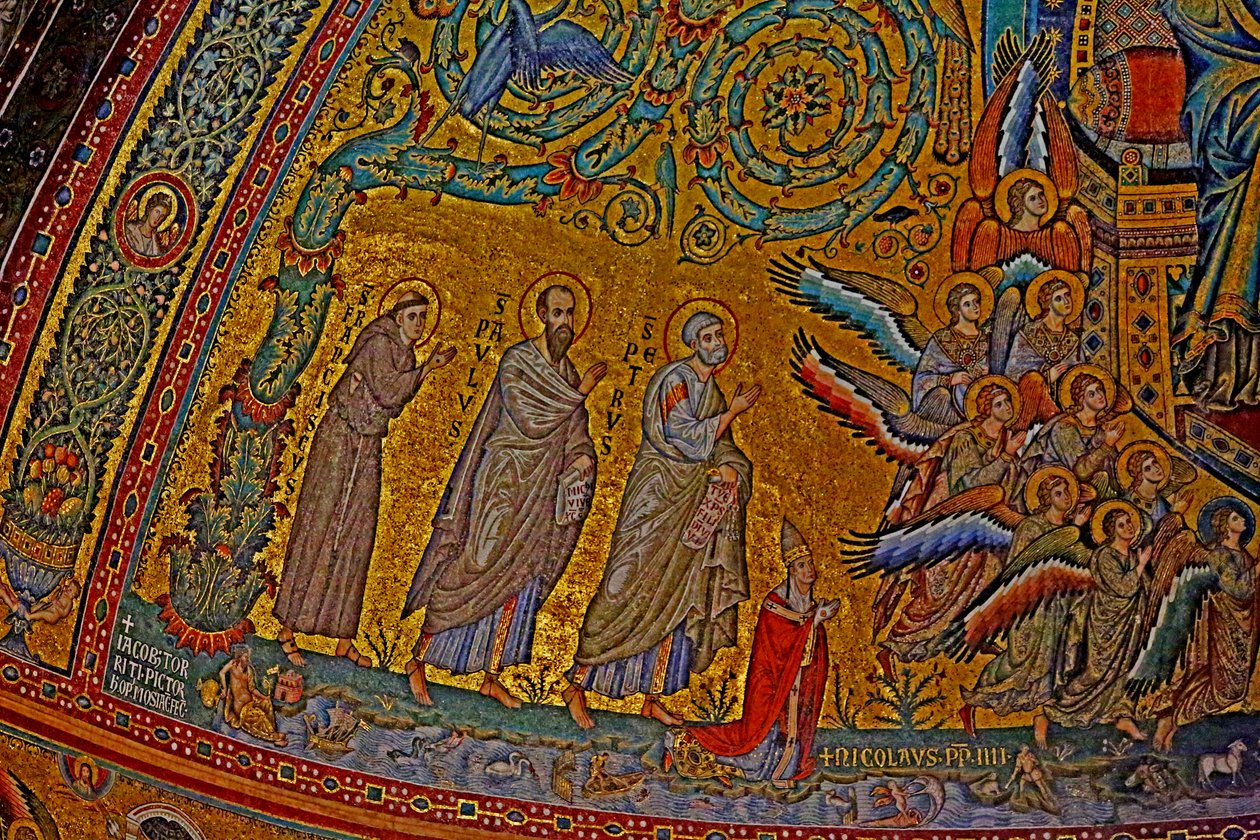 Svatý František, svatý Pavel, svatý Petr, papež Mikuláš IV. a andělé účastnící se korunovace Panny Marie, apsida, mozaika kolem roku 1290 od Jacopo Torriti