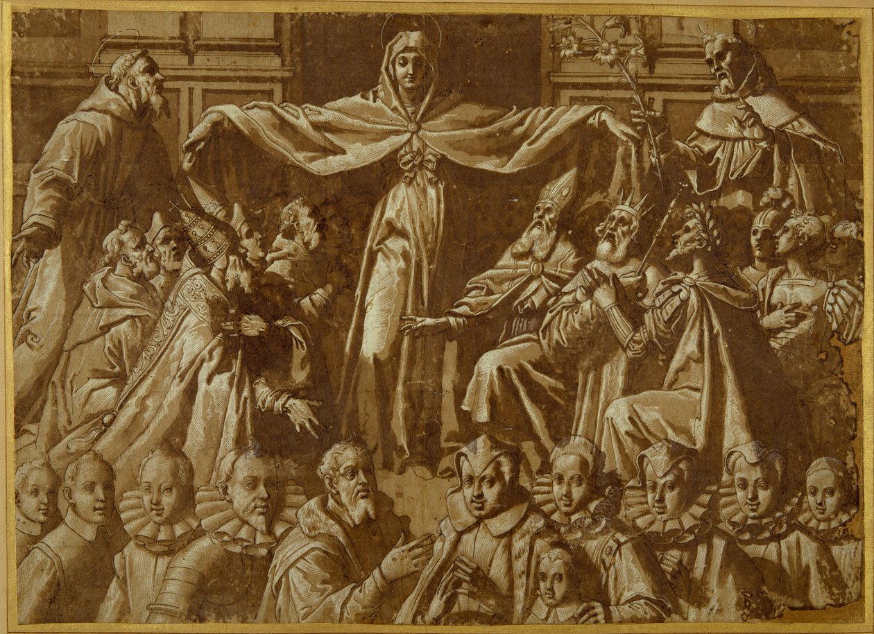 Madonna della Misericordia se sv. Františka a Dominika s dalšími světci a panovníky a rodinou dárců (pero a hnědý inkoust s lazurou a bílou barvou těla na papíře) od Jacopo Zucchi