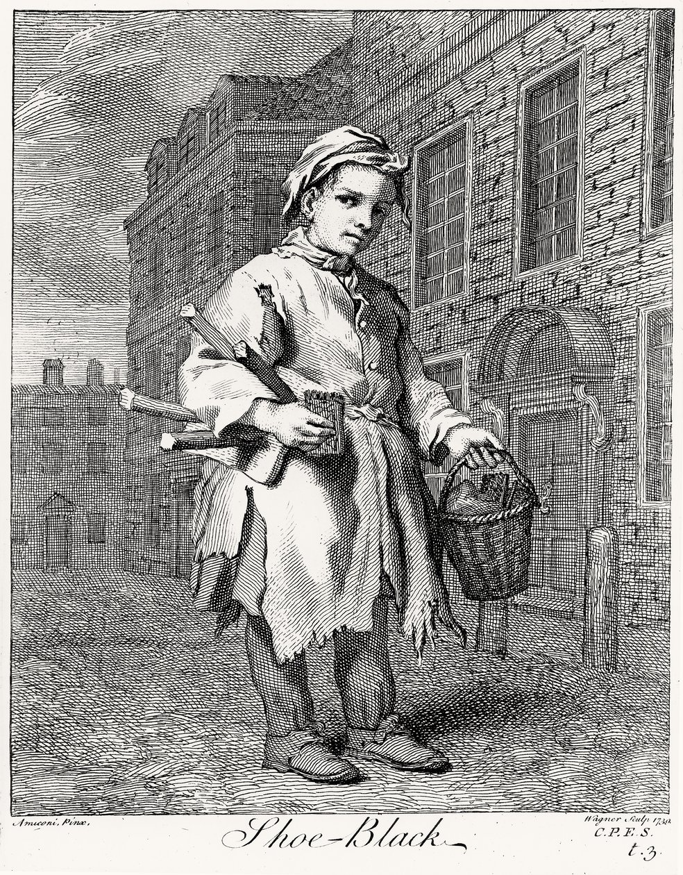 The Shoe Black, vyrytý Wagner, 1739 od Jacopo after Amiconi