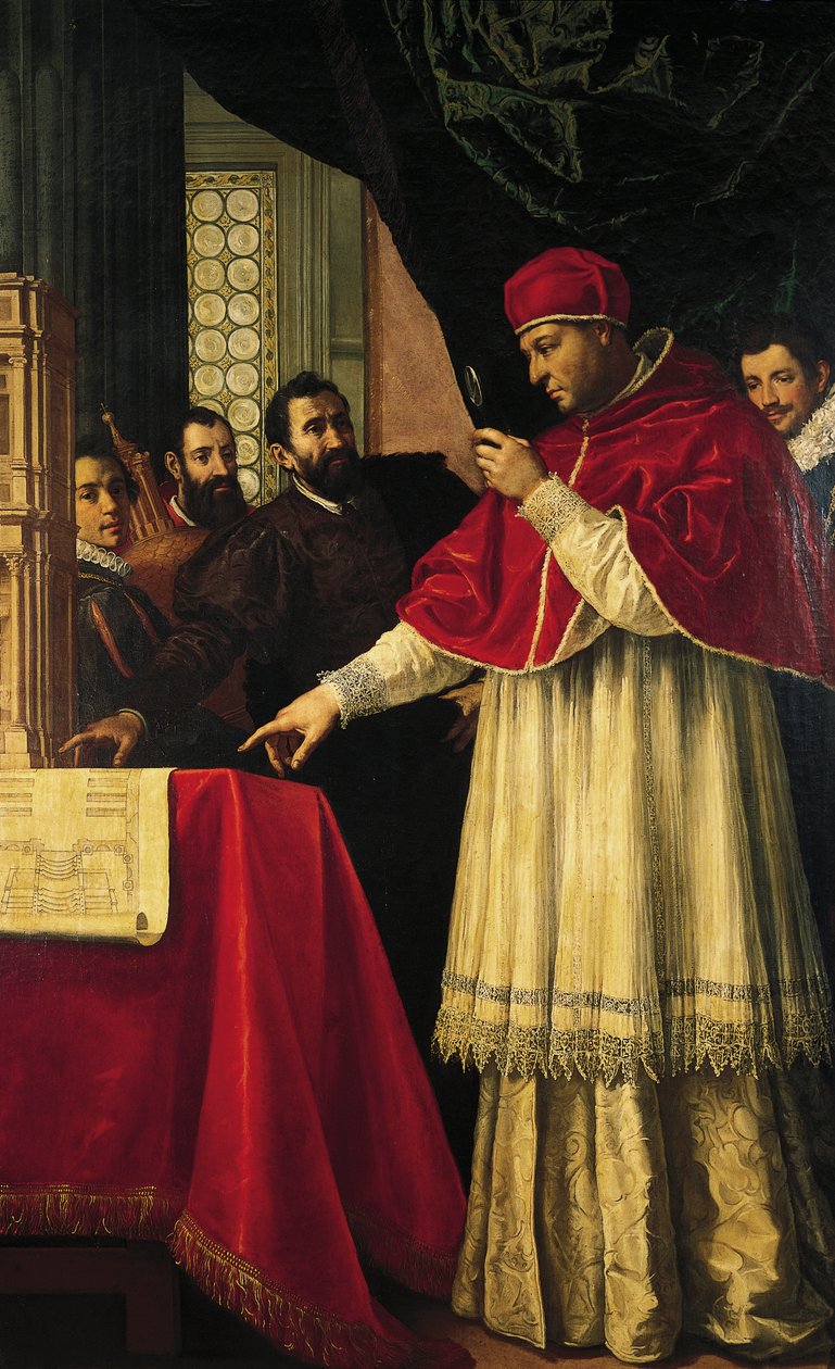 Michelangelo představuje papeži Lvu X. a kardinálu Giuliu Medicejskému modely fasády San Lorenzo, Laurentinské knihovny a hrobek Medicejských. od Jacopo da Empoli (and workshop)