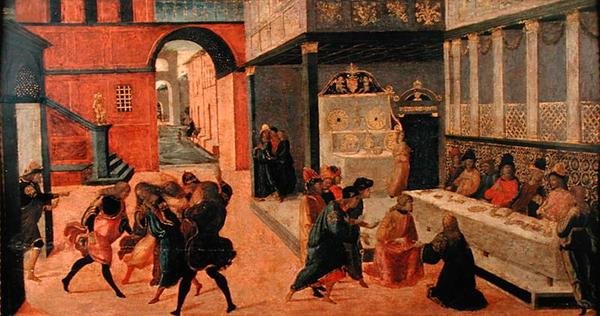 Smrt královny Vashti, po roce 1490 (tempera na panelu) od Jacopo del Sellaio