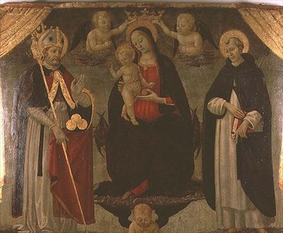 Madona lemovaná svatým Mikulášem a svatým Petrem mučedníkem (panel) od Jacopo del Sellaio