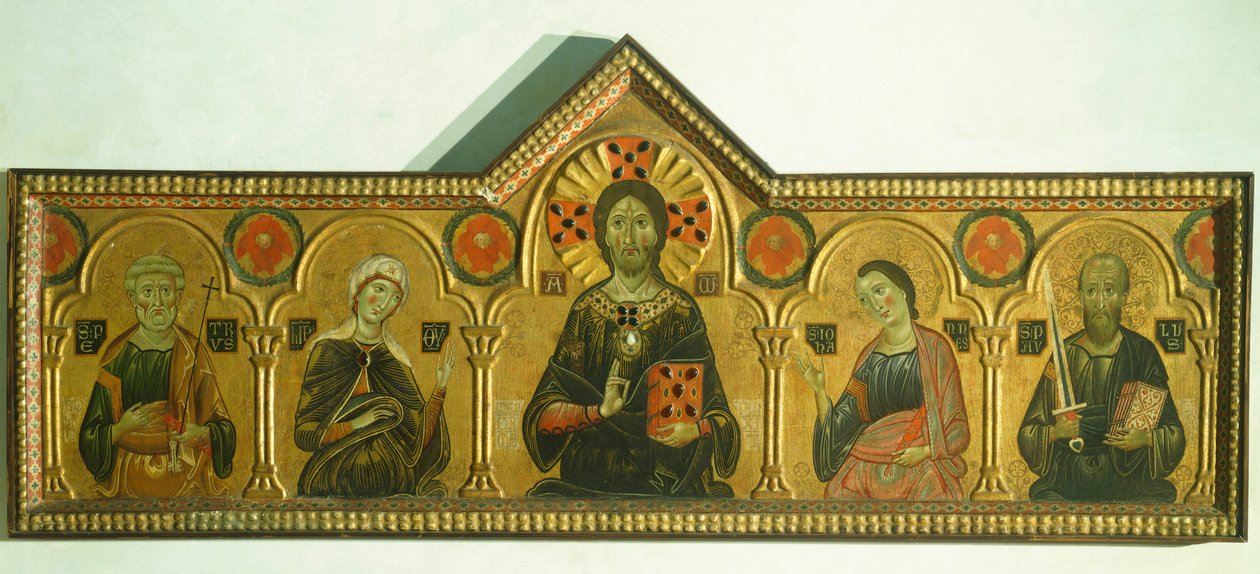 Vykupitel s Madonou a třemi svatými, od Meliore Toscano nebo Meliore di Jacopo (cca 1255-1285), tempera a zlato na desce, 85x210 cm, Detail od Jacopo di Meliore