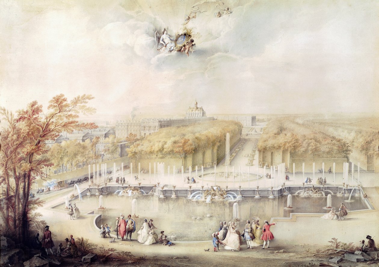 Pohled na zahrady a zámek Versailles z Neptunovy fontány (kvaš) od Jacqes Andre Portail