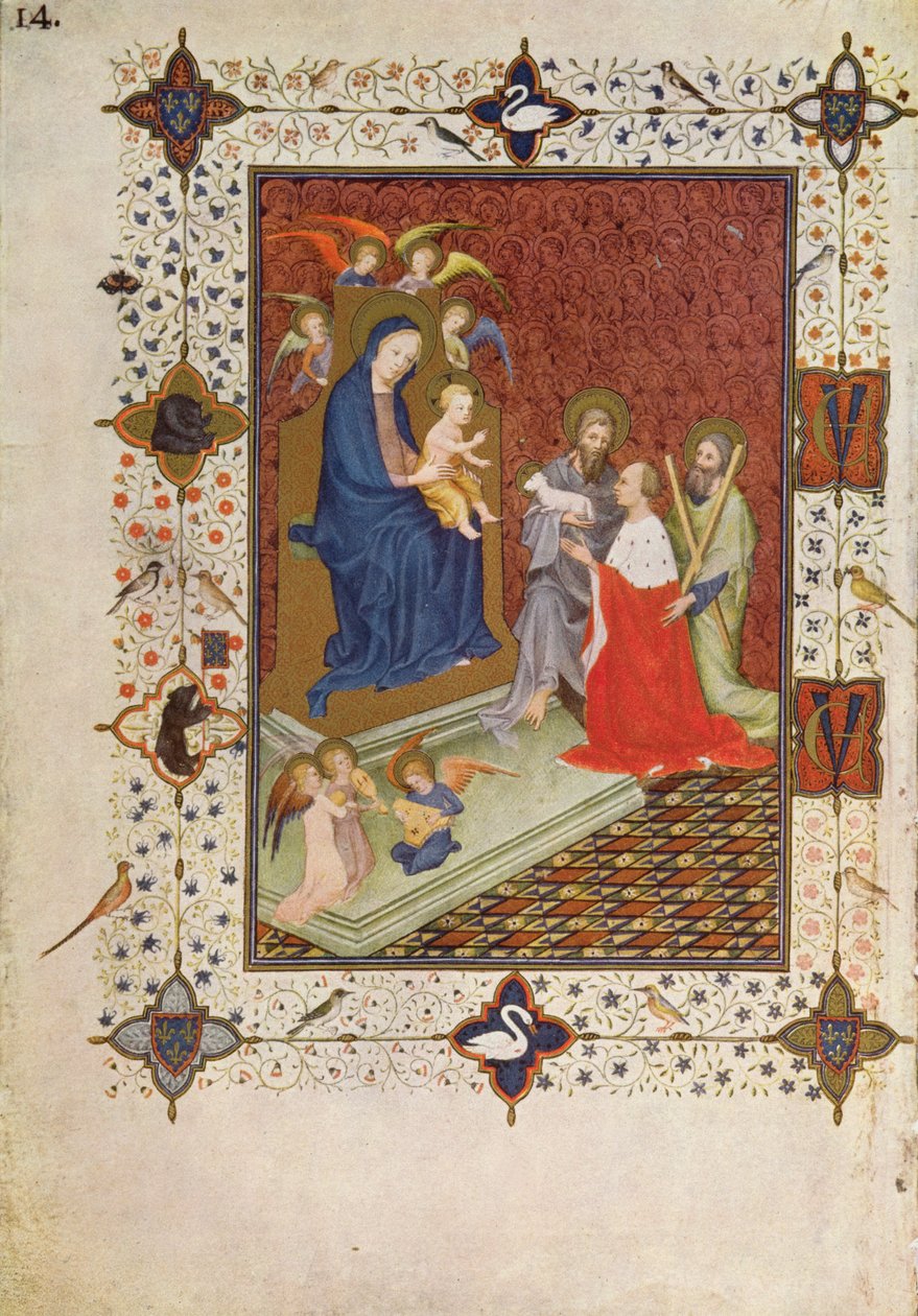 MS 11060-11061 Frontispis s Janem, vévodou de Berry, sv. Ondřejem a svatým Janem modlící se před Pannou Marií, Francouzi, z „Tres Riches Heures du Duc de Berry“ od Jacquemart de Hesdin