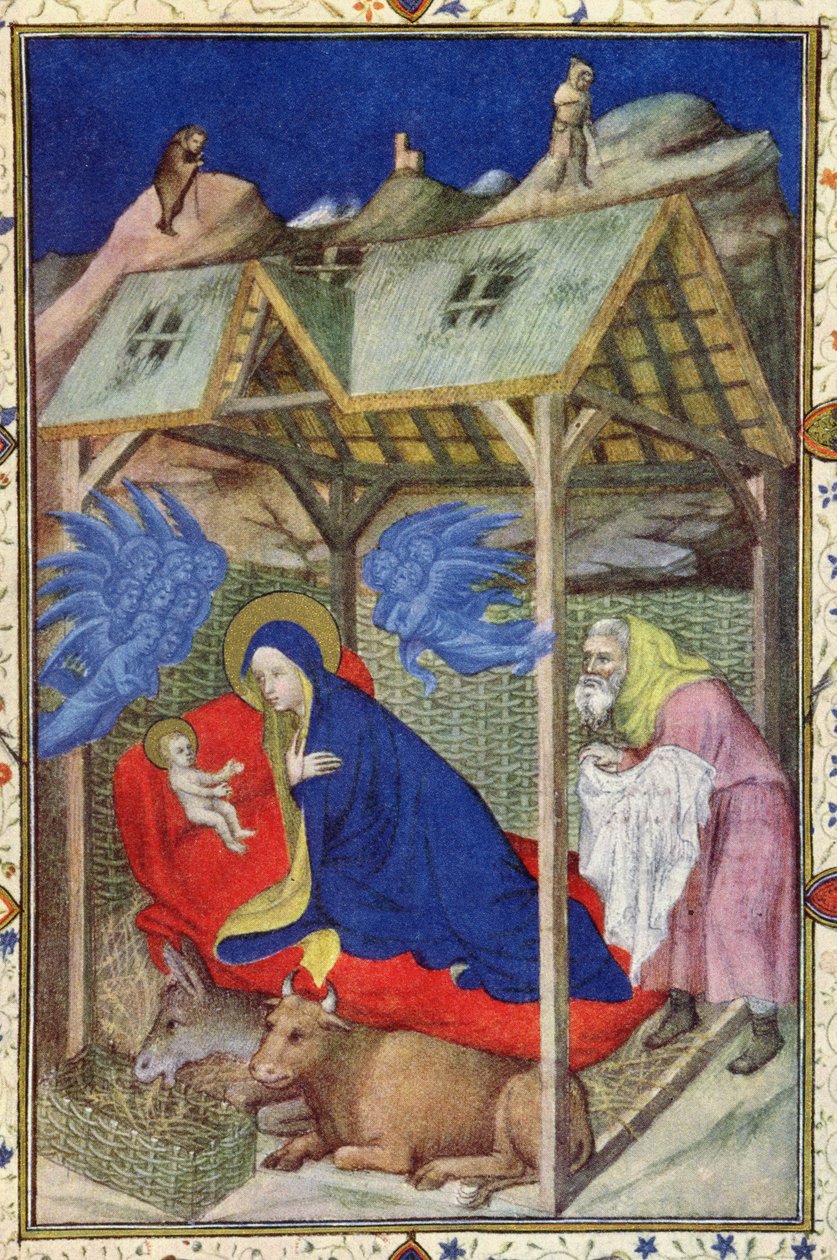 MS 11060-11061 Hodiny Notre Dame: Prime, Narození Krista, z Tres Riches Heures du Duc de Berry, pergamenový detail z počátku 15. století z 67618 od Jacquemart de Hesdin
