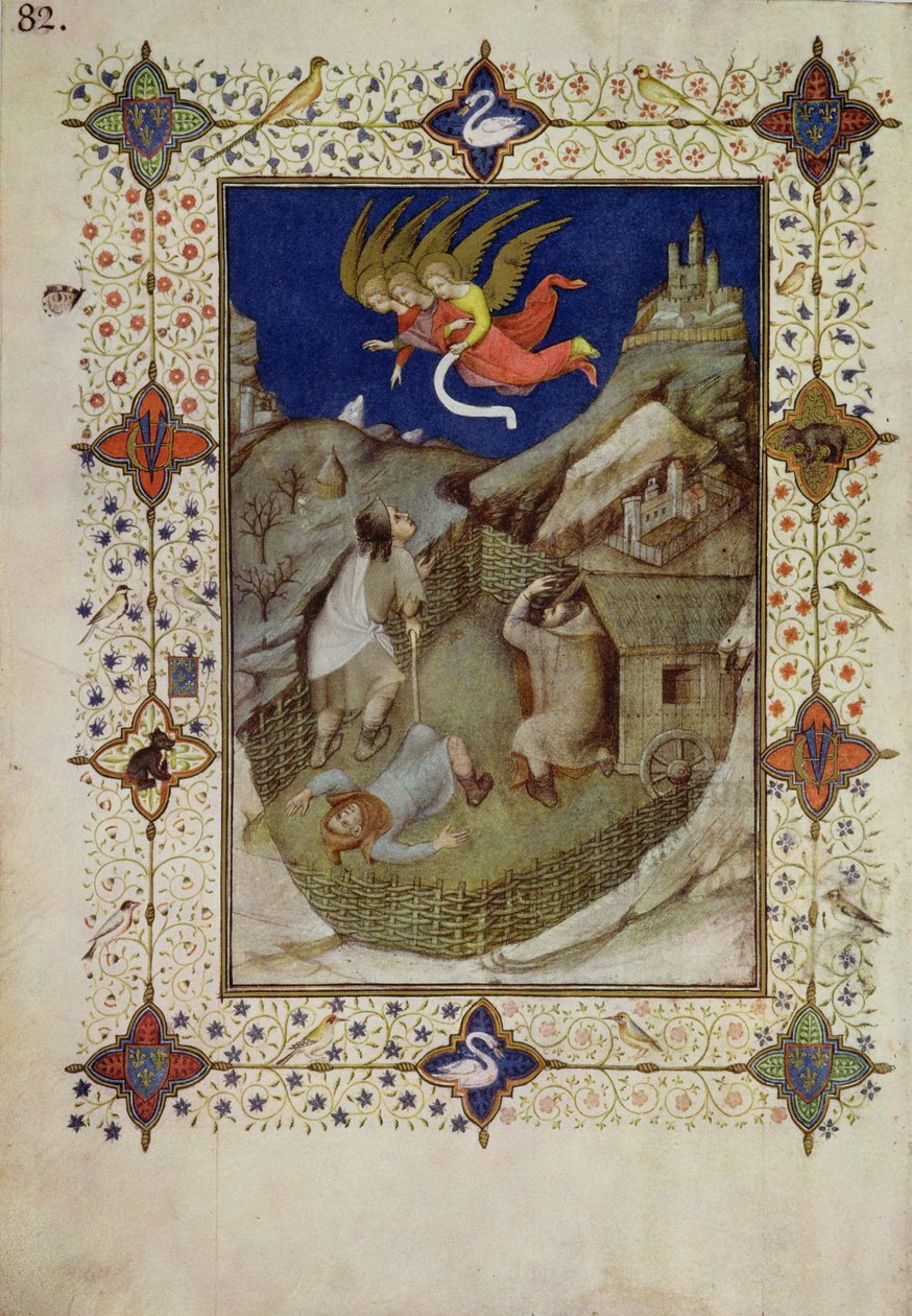 MS 11060-11061 Hodiny Notre Dame: Tierce, Andělé zjevující se pastýřům, z „Tres Riches Heures du Duc de Berry“ od Jacquemart de Hesdin