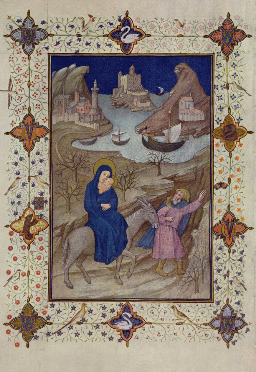MS 11060-11061 Hodiny Notre Dame: Nešpory, Útěk do Egypta, z "Tres Riches Heures du Duc de Berry". od Jacquemart de Hesdin