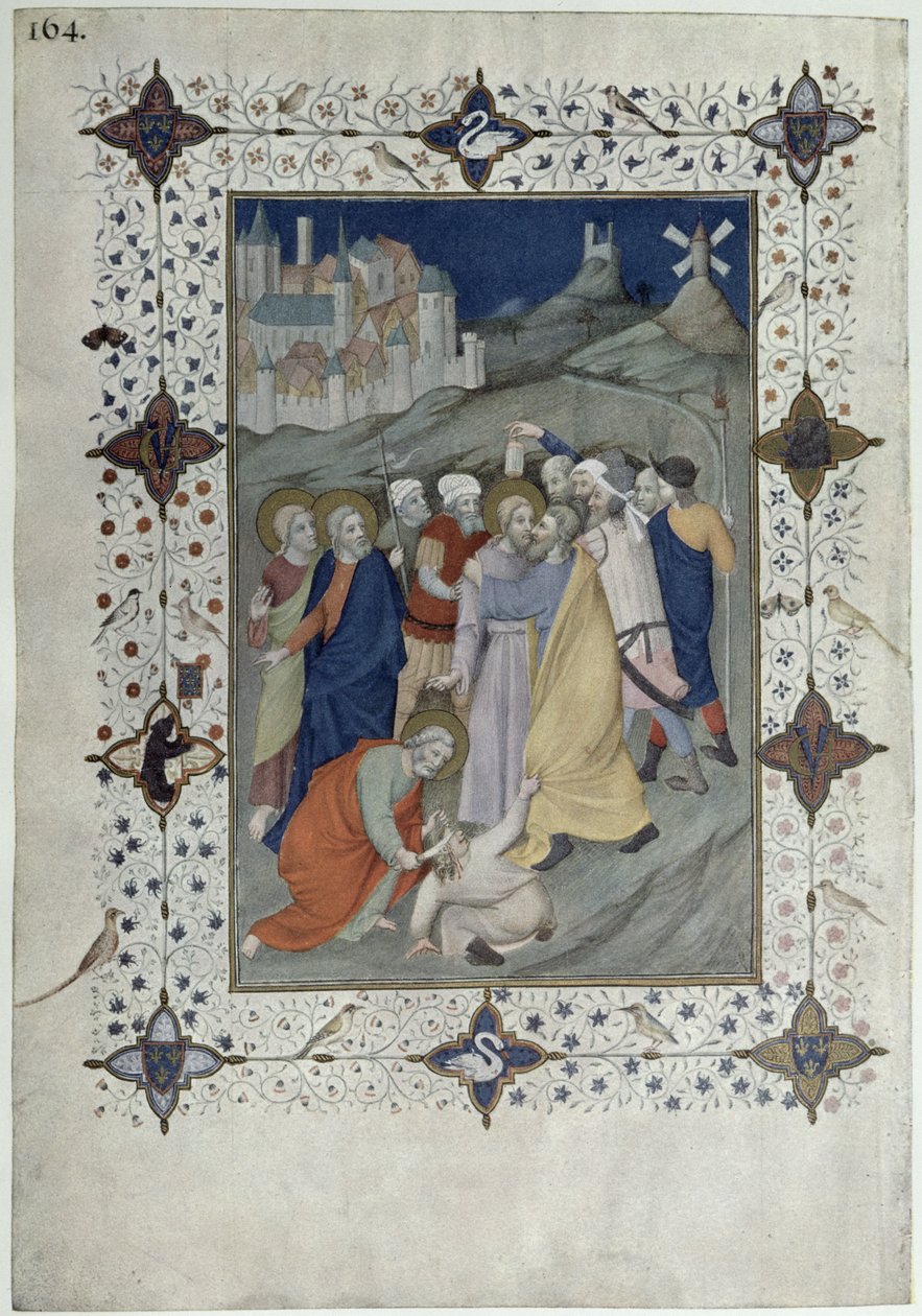 MS 11060-11061 Křížové hodiny: Matin a Laudes, Jidášova zrada z „Tres Riches Heures du Duc de Berry“ od Jacquemart de Hesdin