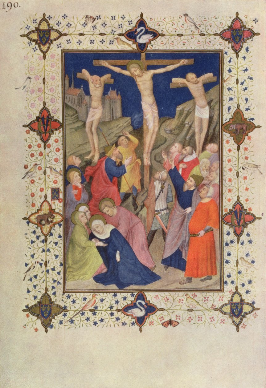 MS 11060-11061 Křížové hodiny: Žádné, Ježíš na kříži, z „Tres Riches Heures du Duc de Berry“ od Jacquemart de Hesdin