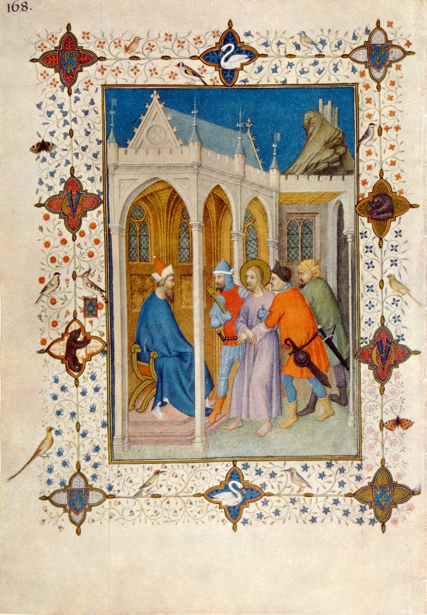 MS 11060-11061 Křížové hodiny: Prime, Kristus před Pilátem, z „Tres Riches Heures du Duc de Berry“ od Jacquemart de Hesdin