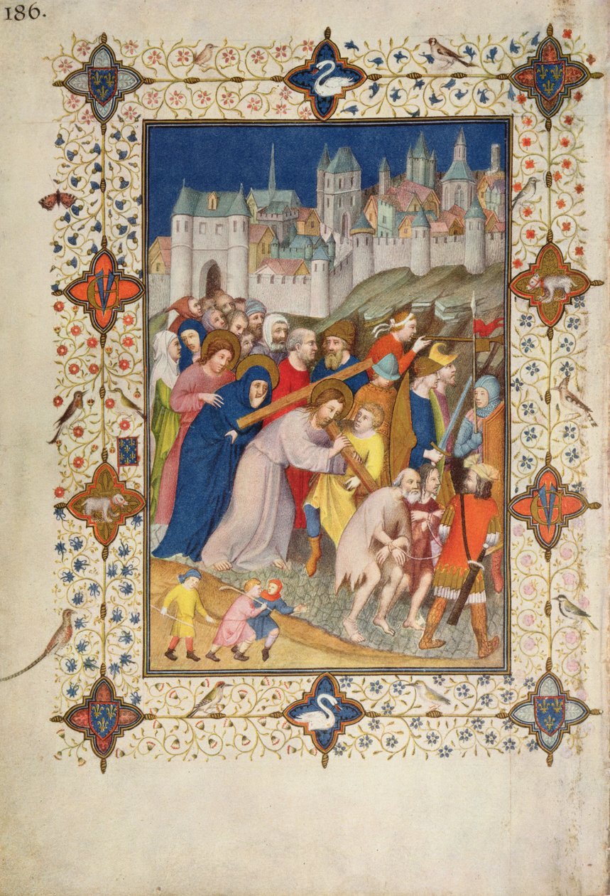 MS 11060-11061 Křížové hodiny: Sexte, Kristus nesoucí kříž, z „Tres Riches Heures du Duc de Berry“ od Jacquemart de Hesdin
