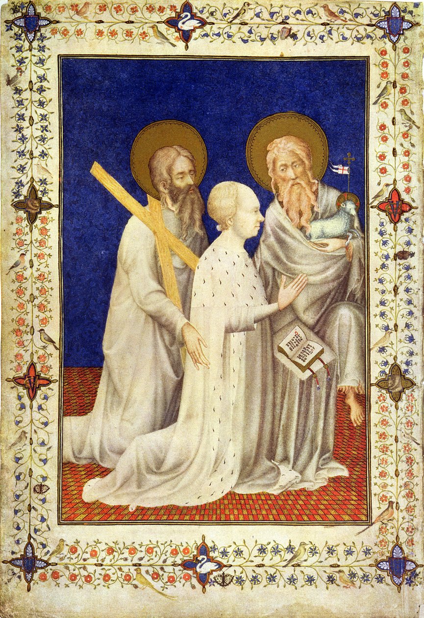 MS 11060-11061 John, vévoda de Berry na kolenou mezi St. Andrew a St. John, francouzština, z „Tres Riches Heures du Duc de Berry“ od Jacquemart de Hesdin