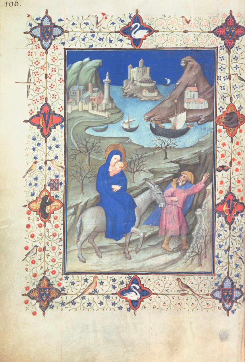 Ms 11060-61, Útěk do Egypta, z knihy "Tres Belles Heures du duc de Berry", asi 1409 od Jacquemart de Hesdin