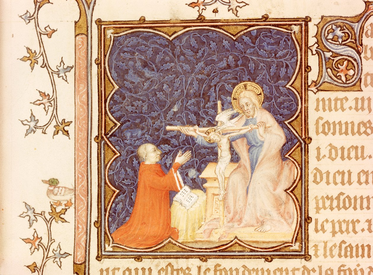 Paní Lat 18014 Jean de France (1340-1416) vévoda z Berry se modlí před ukřižovaným Ježíšem, z Les Petites Heures de Duc de Berry, kolem 1385-90 od Jacquemart de Hesdin