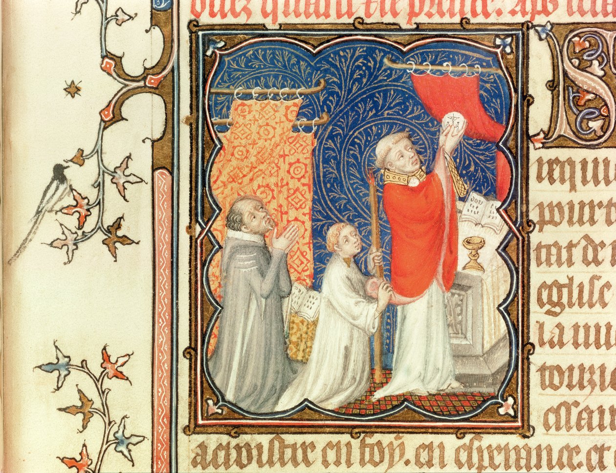 Paní Lat 18014 Jean de France (1340-1416) vévoda z Berry se modlí před povýšením hostie, z Les Petites Heures de Duc de Berry, kolem 1385-90 od Jacquemart de Hesdin