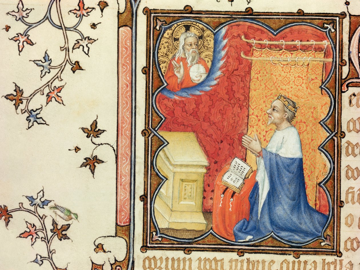 Paní Lat 18014 Jean de France (1340-1416) vévoda z Berry se modlí před věčným otcem, z Les Petites Heures de Duc de Berry, kolem 1385-90 od Jacquemart de Hesdin