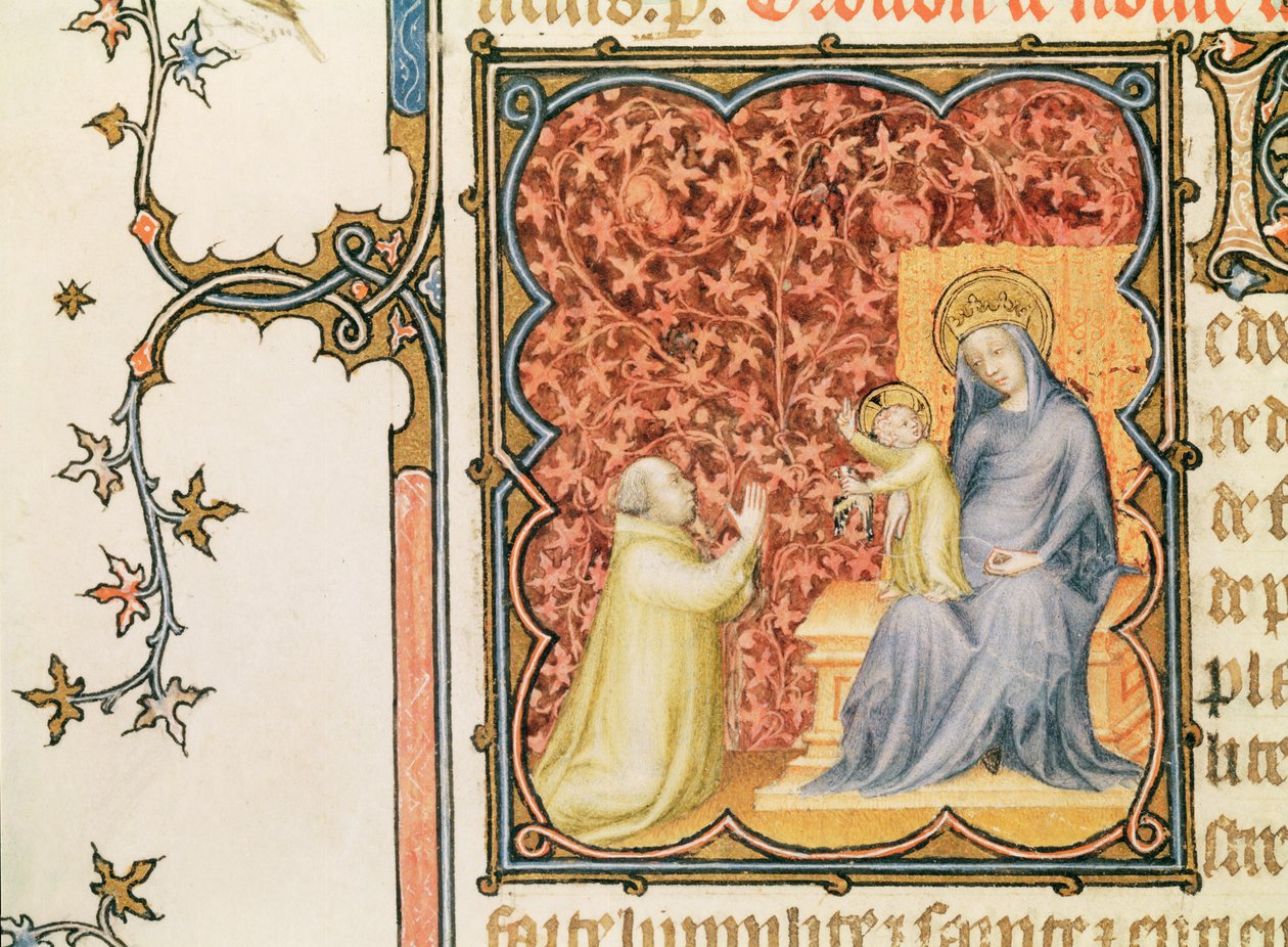 Paní Lat 18014 Jean de France (1340-1416) vévoda z Berry se modlí před Pannou a dítětem, z Les Petites Heures de Duc de Berry, kolem 1385-90 od Jacquemart de Hesdin