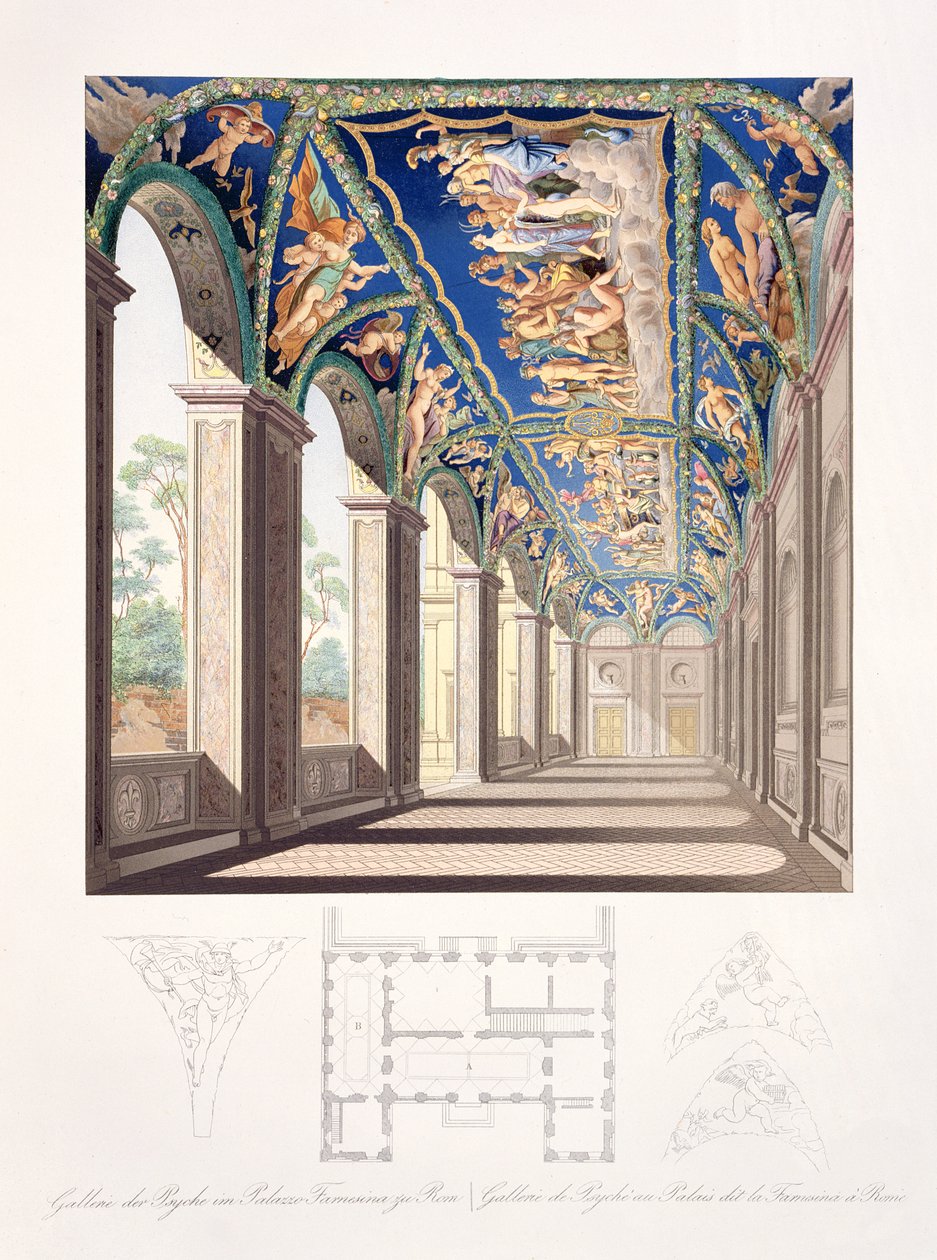 The Gallery of Psyche ve Villa Farnesina, Řím, ze souboru dvanácti rytin, vydaných 1693 (ručně kolorovaná mědirytina) od Jacques Belly