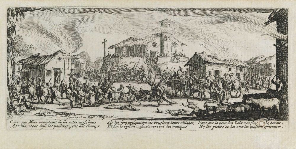 Drancování a vypalování vesnice Les miseres et les mal-heures de la guerre, pl. 7 od Jacques Callot